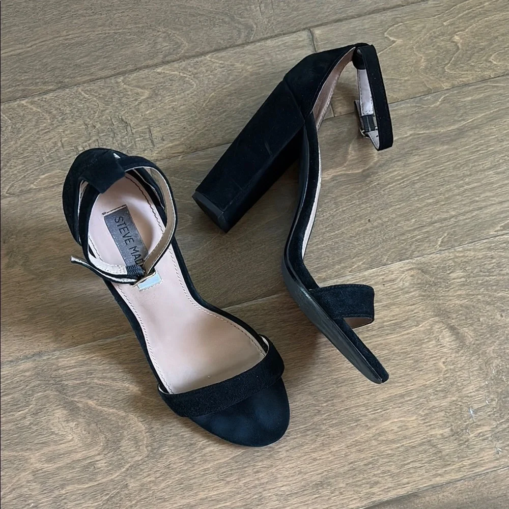 Steve Madden Carrson Leather Black Ankle Strap High Heel Sandals Size 9